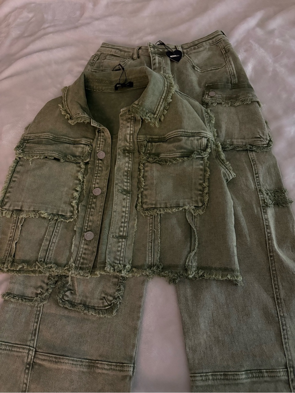 Fashion Nova Olive Green Frayed Denim Matching Set